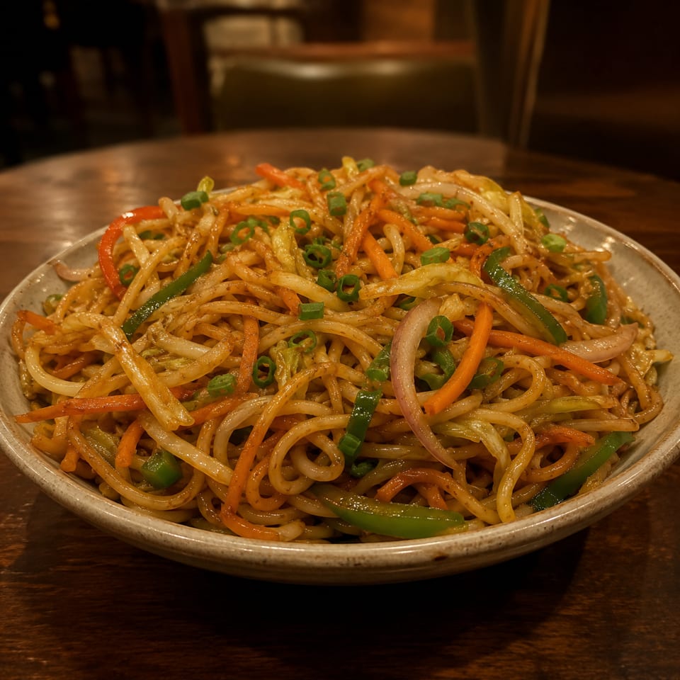 Plate of saucy stir-fried noodles with carrots, peppers, onions, cabbage, and sliced green onions on a wooden table.