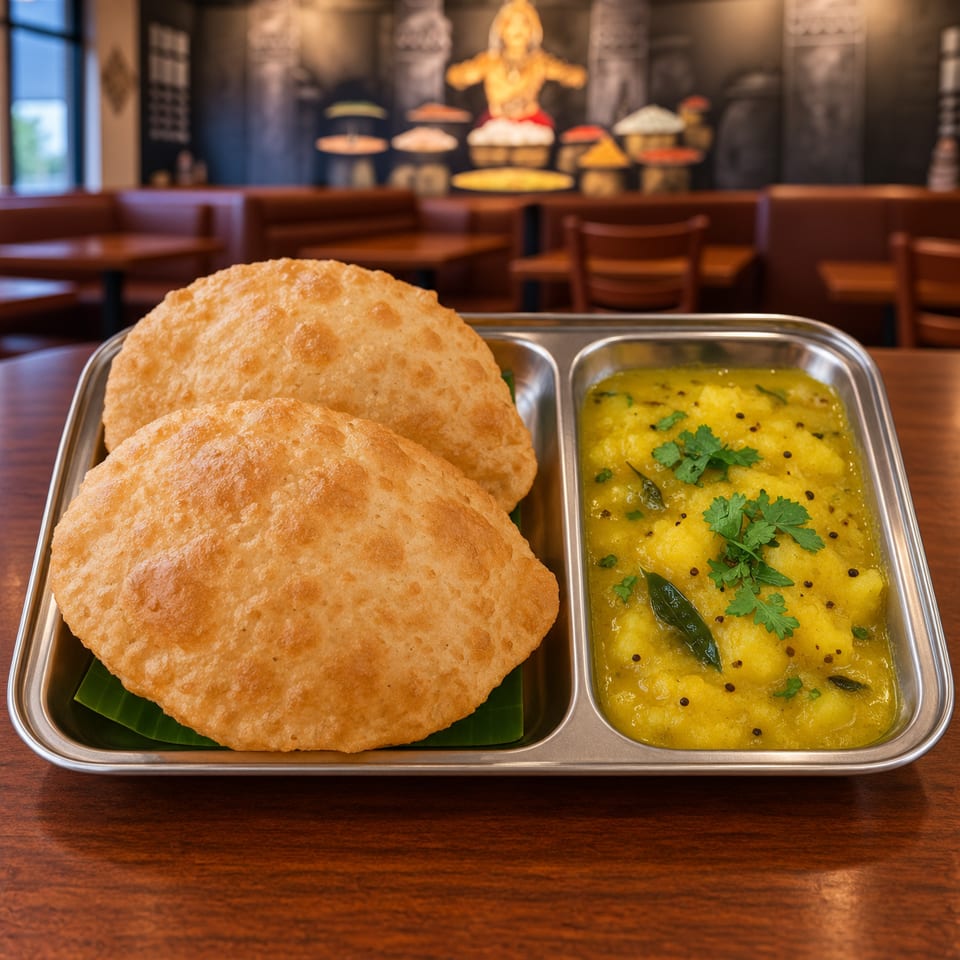 Two golden puris served with yellow spiced potato curry and cilantro in a stainless steel tray at an Indian restaurant.